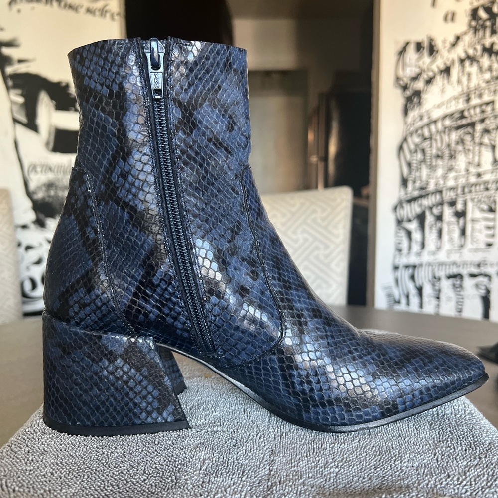 Blue and black snakeskin ankle boots